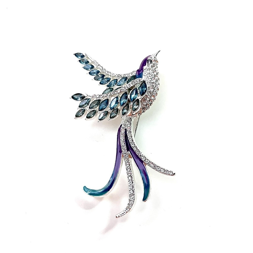 Vintage Swallow Bird Brooch Pin Silver Tone Teal Purple Enamel Pave Crystals - Picture 3 of 9